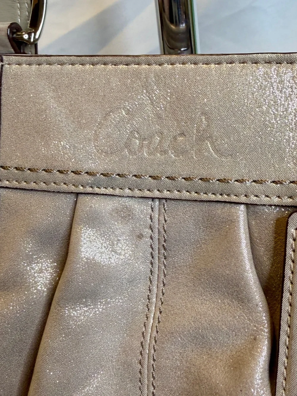 COACH SoHo Pleated Leather Metallic Champagne Silver Gold Tote Shoulder Bag